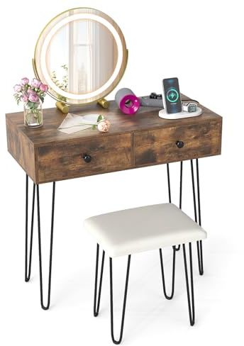 COSTWAY Schminktisch mit 3 Farbe dimmbarem LED Spiegel und gepolsterter Hocker, Frisiertisch mit 2 Schubladen, Steckdosen & Metallbeine, Kosmetiktisch für Schlafzimmer 80 x 40 x 76 cm