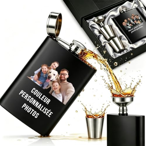 Flasque Whisky en acier inoxydable gravable texte et motifs, Cadeau personnalisé pour hommes, Idéale pour camping, Randonnée, Activités plein air (flasque à vin en cadeau)