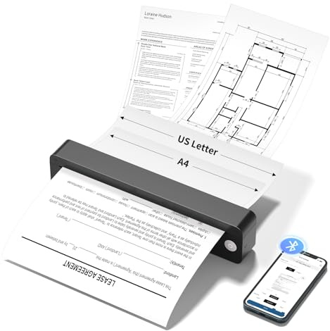 JADENS Portable Thermal Printer A4, Inkless Bluetooth Mobile Printer for Travel & Home Office, 203DPI Wireless Compact Printer, Works with Folded Thermal Paper Only, iOS Android Laptop
