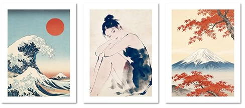 ARTFAVES® Poster Set - Art Gallery Japan Trio - 3-teilige Bildercollage Wohnzimmer, Schlafzimmer - moderne Wandbilder Kunst, Katsushika Hokusai, Welle - 30x40 cm - ohne Rahmen