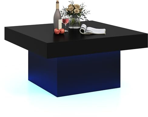 CASART 90cm LED Coffee Table, Square Accent Center Table with 20-Color RGB LED Lights & Adjustable Brightness, Contemporary Sofa Side Tea Cocktail Tables for Living Room Office (High Gloss Black)