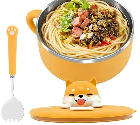 Wrbugukeji Rapid Ramen Bowl, 1200 ml Ramen Bowl with Handle and Lid | Stainless Steel Noodle Bowl Ramen Cooker Soup Bowls with Handles Large Instant Noodle Bowl for College Dorm Home(Orange)