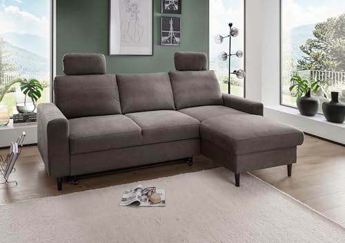 möbelando Ecksofa Pris Anthrazit mit Schlaffunktion & Staukasten – 234 cm, Mikrofaser, rechte Recamiere, inkl. 2 Kopfstützen – Modernes Wohnzimmer-Sofa