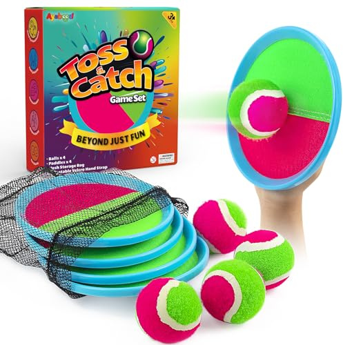 Ayeboovi Toss and Catch Ball Set Boys Toys Outdoor Toys Yard Games Outside Games Beach Toys for Kids Ball and Catch Game with 4 Paddles and 4 Balls [Upgraded Version]