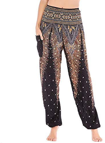 Nuofengkudu Damen Haremshosen High Waist Hippie Muster Baumwolle Pumphosen mit Taschen Leicht Weite Luftige Stoffhose Yogahose Sommerhose Strandhose(Einheitsgröße,Schwarz Pfau)
