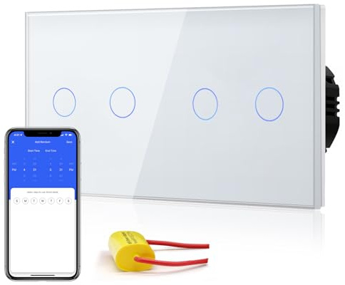 BSEED Interrupteur Connecté Sans Neutre WIFI, Interrupteur Tactile Connecté WIFI 2.4G,Interrupteur Mural avec Panneau en Verre, Compatible avec Google/Tuya/Alexa, Double 2 Gang 1 Voie Blanc 157mm