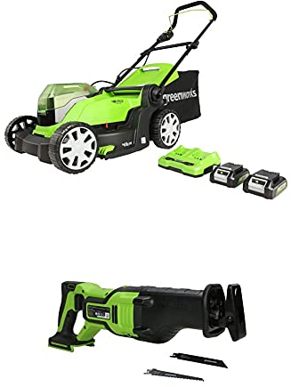 Greenworks 2x24V Tondeuse à gazon sans fil, 36cm largeur, avec batterie 2x2Ah et chargeur + Greenworks GD24RS Scie Sabre Sans Fil avec Moteur Sans Balais, SANS Batterie Ni Chargeur, Garantie 3 Ans
