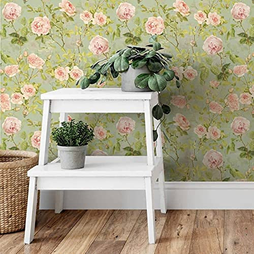 K&L Wall Art Vintage Blumentapete Schlafzimmer Rosa Vliestapete Pfingstrosen Tapeten Garten Florale Rosen Tapete Grün 048 m x 1008 m