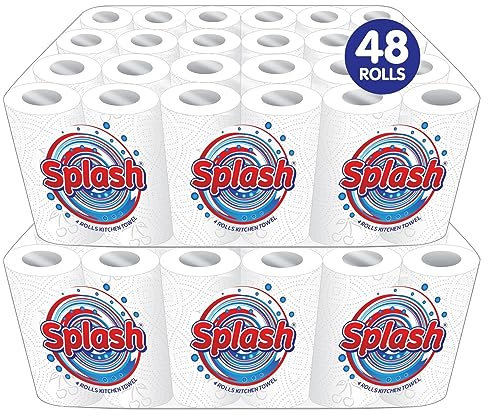 Splash 2-Ply Kitchen Towel 4-Pack Paper Rolls | White Paper Embossed | Strong & Functional (48)