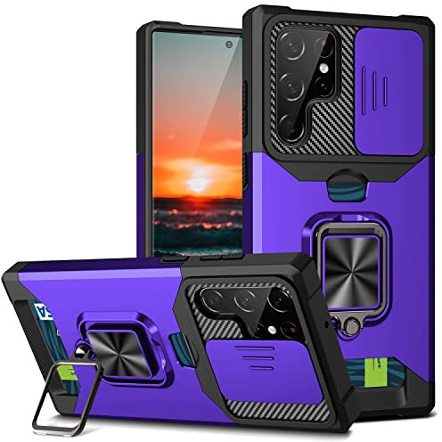 for Samsung S22 Ultra Case with Screen Protector, Sliding Camera Cover and Card Holder, Ring Kickstand Military Shockproof Full Body Protective Shell for Samsung S22 Ultra 5G (Galaxy S22 Ultra,Purple)