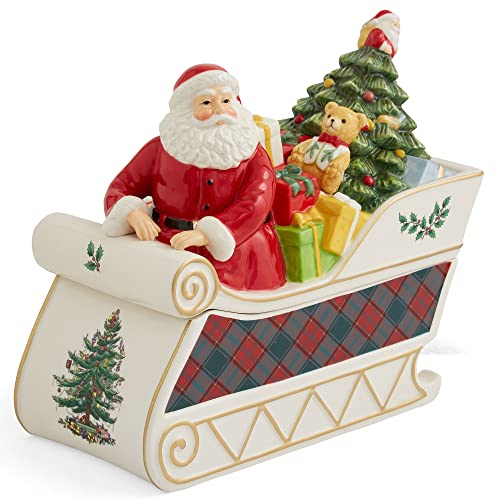 Spode Keksdose mit Weihnachtsbaum, Weihnachtsmann im Schlitten, misst 34,3 cm