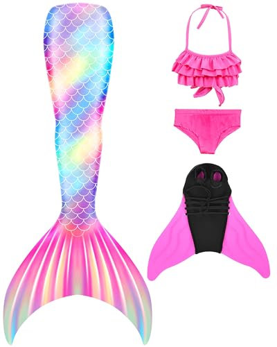Pyjacos meerjungfrauenflosse mädchen Badeanzug - Meerjungfrau Flosse Bademode mit Bikini Set und Monoflosse Mermaid Tail, 4 Stück Set，blackseJK26-130
