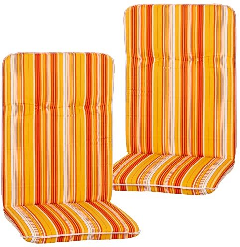 NYVI Hochlehner Auflagen Hawaii 2er Set - 114x47 cm Orange Gelb Weiß Gestreift - Gartenmöbel Auflage mit 5 cm Polster und Gummi-Halteband