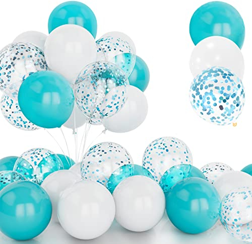 30Pcs Teal Luftballon Set, 12 Zoll Teal Blau Konfetti Ballons Teal und Weiß Latex Luftballons mit Band für Geburtstag Hochzeit Kinder Baby Shower Party Dekorationen