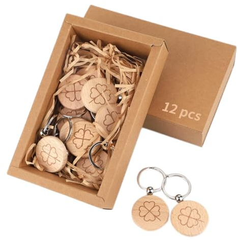 efuturetime 12PCS Glücksbringer Schlüsselanhänger Kleeblatt Holz aus Laserbedruckt Schlüssel Anhänger für Dekoration Geschenke Abschiedsgeschenk, Rund