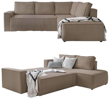 MIUFORM Brave Dave L mit Bettkasten | 6 Sitzer Ecksofa | L-Form rechts | 247 x 194 x 87cm Couch | Klappsofa mit Schlaffunktion | Schlafsofa klappbar (Taupe)