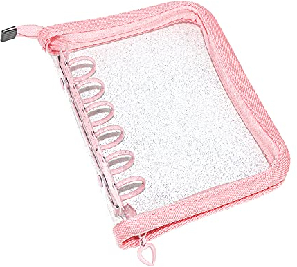 Transparente A7 Binder Brieftasche mit Reißverschluss, rosa 6 Ringe Glitzer Budget Ordner Lose Blatt Zip Up Binder Cover für Geldumschläge System, Tagebuch, Planer (rosa Reißverschluss A7 Binder)