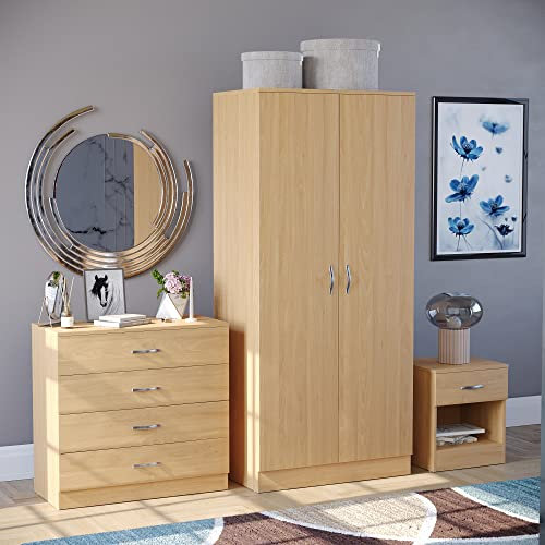 Vida Designs Riano 3 Piece Bedroom Furniture Set, 2 Door Wardrobe, 4 Drawer Chest Of Drawer and 1 Drawer Bedside Cabinet (Pine) (Trio 1)