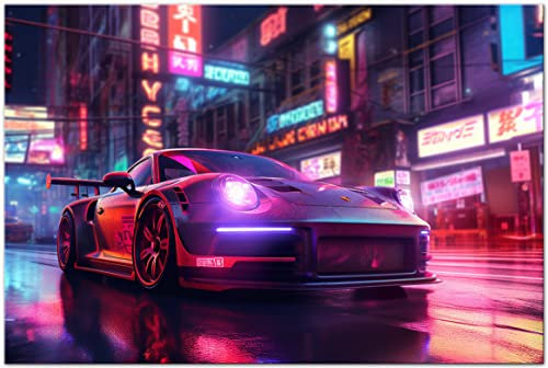 Printonia Leinwand-bild 120x80cm Porsche Need for speed Sportwagen GTA Abstrakt Art Bilder Dekoration Wandbild Kunstdruck Automobil Deko