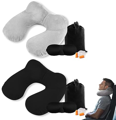 Suuwwn Nackenkissen,2 Stück Memory Foam Reisekissen, aufblasbares Reise Nackenkissen mit Augenmaske und Ohrstöpsel, ergonomisches Nackenkissen für Flugzeug Auto Zug Büro und Camping