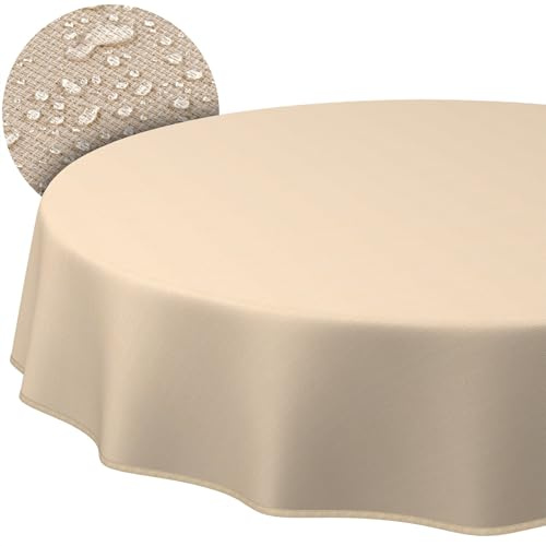 Stoff Tischdecke Textil Tischwäsche Tischtuch Baumwolle Polyester abwaschbar Uni Ornament Damast Jacquard Gewebe waschbar Beige Rund 140cm mit Saum (Eingefasst)