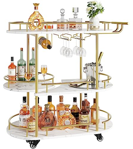 GAOMON Gold Bar Cart, 3 Tier Bar Carts with Wheels, Rotated Bar Cart with Wine Rack and Glass Holder, Bar Serving Cart for Living Room, Kitchen, Dining Room