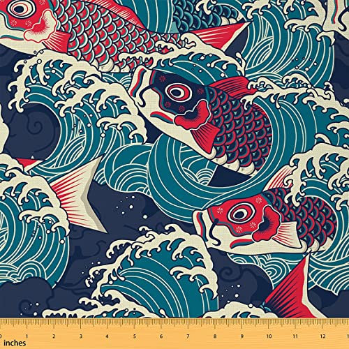Koi Fisch-Stoff, Meterware, 184 x 150 cm, japanisch, exotisch, hokusa, Wellen, Stoff, hohe Nähte, Möbel und Bastelprojekte für Zuhause, orientalisch, ethnisch, Kunst, Stoff, wasserdicht, Blau / Rot