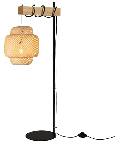 SUNLLOK Lampadaire bohème en rotin pour salon, abat-jour en bambou industriel en bois avec interrupteur à pied, haute lumière tressée noire moderne pour cuisine, île, chambre à coucher, bureau