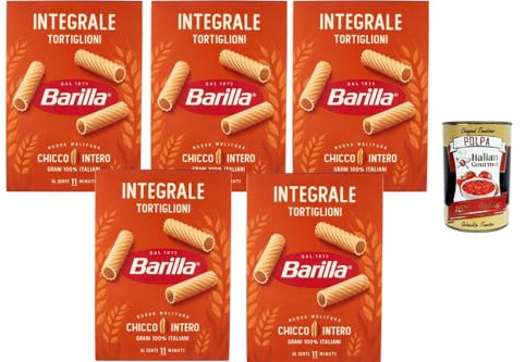 Italian Gourmet Bundle Vollkorn Tortiglioni 5x 500g + Italian Gourmet Polpa Gratis – Italienische geriffelte Röhrennudeln aus Vollkorn-Hartweizen, kurze Pasta für Tomatensauce, Ragù, Pesto, Auflauf