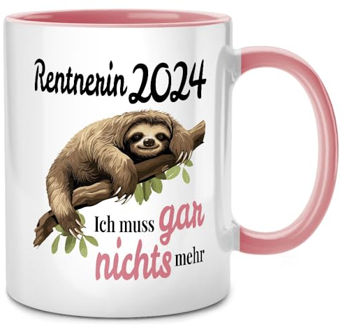 Seness Rentnerin 2024 Ich muss gar nichts nichts mehr, Tasse mit Spruch Faultier, Ruhestand Geschenk für Anfänger, Rentner Geschenk Frau, Rente Geschenke (Pink)