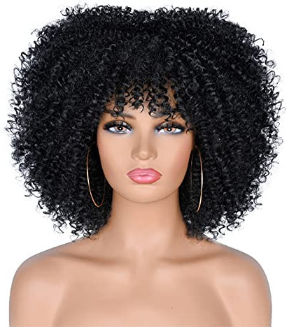 CoCrowns 10Zoll kurze lockige Afro Perücken mit Pony Bomb Afro Kinky Curly Perücke für schwarze Frauen Kunstfaser Vollperücke (Schwarz)