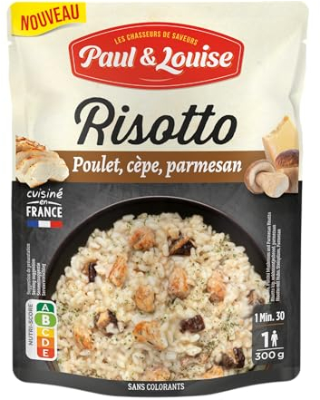 Paul & Louise - Risotto Poulet, Cèpe, Parmesan 300g - Sachet Micro-ondable - Prêt en 1 minute 30 - Poulet 100% Origine France - Sans colorant - Nutriscore B - Longue Conservation