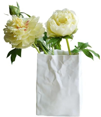 Crinkle-Papiervase – Buchblumenvase, Papiertütenvase | Weiße Crinkle-Papiertütenvase, moderne Papiertüten-Keramikvase, einzigartiges quadratisches Design, plissierte kleine Vasen mit breiter Öffnung f
