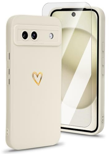Ciciber Handyhülle für Google Pixel 8A Silikon Hülle mit Displayschutz, Gold Herz Muster Mädchen Handyhülle Kameraschutz Kratzfest Stoßfest Schutzhülle für Google Pixel 8A, Elfenbeinweiß