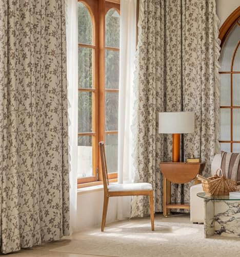 KnSam 2er Set Gardine Vorhänge Hellbraun, Vorhang Gardinen Schlafzimmer Jacquard Blatt, Polyester Ösen Verdunkelungsvorhänge Kräuselband, Jeder B 132 x H 115cm