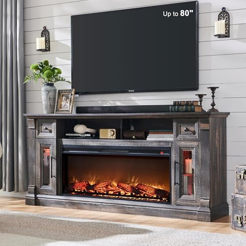 OKD Farmhouse Fireplace TV Stand for 80 Inch TV, Entertainment Center with 42 Fireplace & LED Lights, Modern Media Console Table with Storage Drawers & Cabinets for Living Room, Dark Rustic Oak