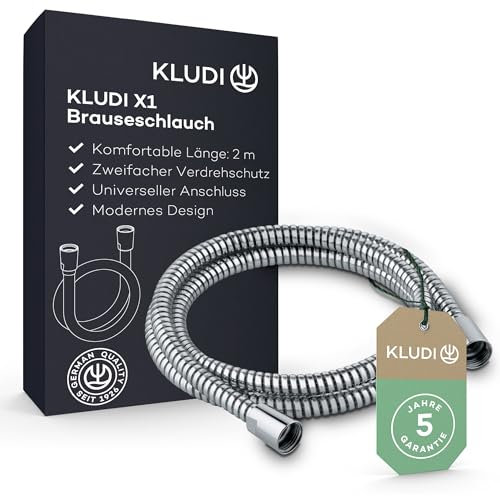 KLUDI-X1 Flexible de douche universel 2 m, flexible douce résistant aux plis avec raccord standard G1/2, tuyau douche avec effet métallique, MADE IN GERMANY