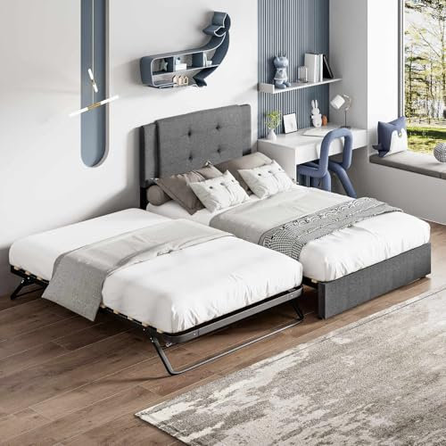 KOMHTOM 90 x 200 + 90 x 190 cm cama individual convertible en cama doble, cama acolchada con somier de madera de madera, marco de cama, lino, gris (sin colchón)