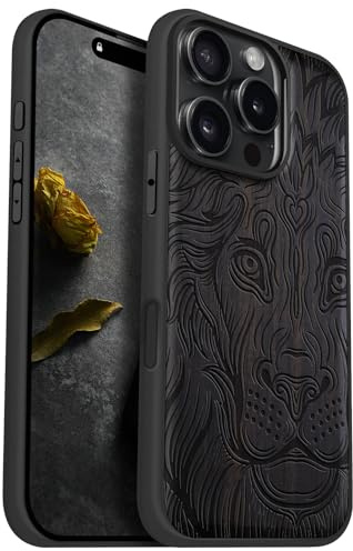Carveit Handyhülle für iPhone 16 Pro, Dunklesholz-Löwe im Aztekischen | Holz Cover kompatibel MagSafe Silikon Stoßfeste Case, Magnetisch Hull für iPhone 16 Pro Handyhulle