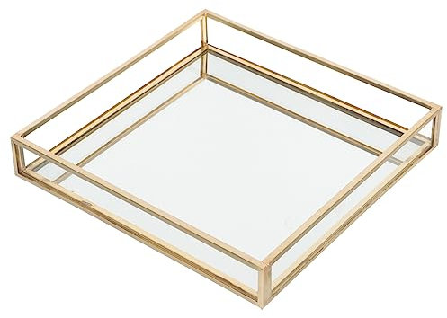 HOLIDYOYO Quadratisches Dekoratives Tablett Aus Glas Mit Goldfarbenem Messingrahmen Vielseitiges Vintage Organizer Tablett Für Parfüm Schmuck Und Kosmetische Utensilien Stilvolle Und Badezim