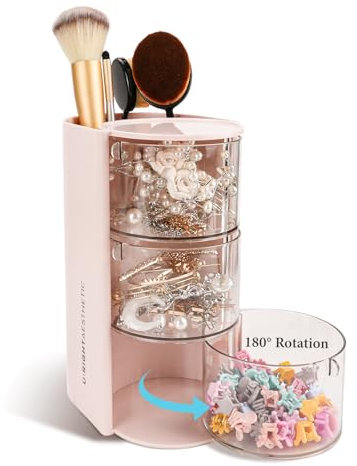 WCHOSOZH 3-Tier Clear Hair Accessories Organizer with Hair Brushes Holder, Rotatable Drawer Makeup Sponge Holder Desktop Organizer Case for Makeup Brush Lipsticks Q-tip Cotton Swab Stationery (Pink)