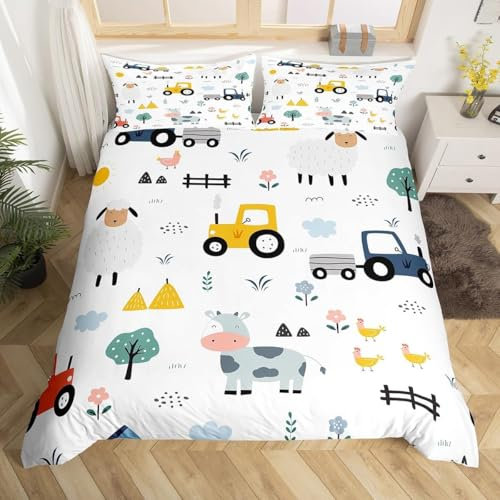 Loussiesd Traktor Bettwäsche Bettwäsche Set 135x200cm Cartoon Farm Equipment Trucks Bettbezug Set für Kinder Jungen Mädchen Dekor Bauernhof Tier Bettwäsche-Set Bauernhof Kinderzimmer Bettbezug