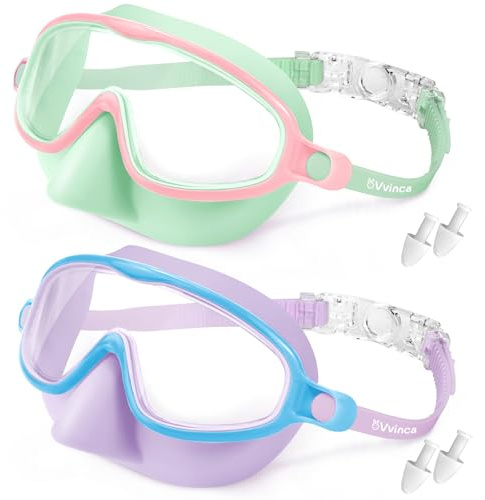 Vvinca 2er Set Schwimmbrille mit Nasenschutz für Kinder 3-15 Jahre | Weitwinkel-Tauchmaske Wasserdicht Antibeschlag/UV-Schutz
