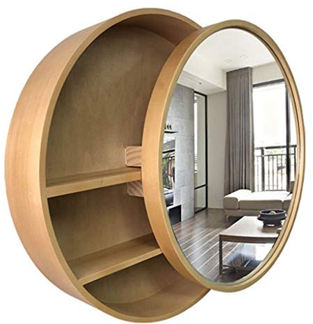 Moderner brauner Badezimmerspiegel aus Holz mit Schminkspiegel 60 cm runder Spiegel