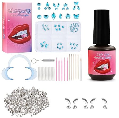 Gemas Dentales Tooth Gems Kit Gemas Dentales Profesional Kit Gemas Dentales Gemas Dentales para la Vida Diaria de Fiesta con 1490Pcs Gemas Dentales y herramientas auxiliares (Azul+Blanco)