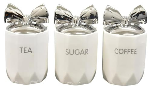 BML Ceramic Tea Coffee Sugar Canisters Set kitchen storage Container Canister jars with Silver Bow Lid for Home Kitchen Other Sweet Treats Kitchen Accessories (White)