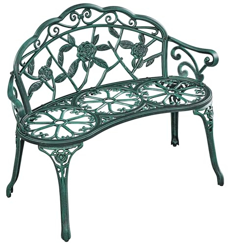Yaheetech Metal Garden Bench Furniture with Rose Design, Green | 227 kg Capacity | Waterproof Coating, Aluminium Metal, Weather-Resistant | Ergonomic Design | For Outdoor, Patio, Lawn, Yard