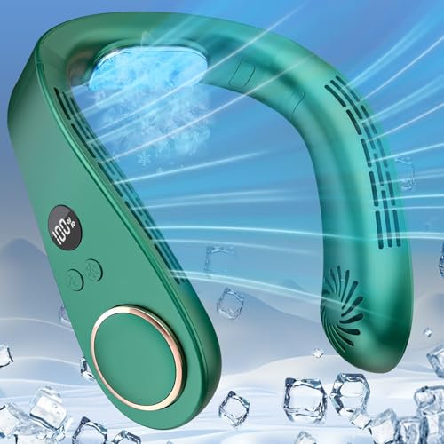 DDKJ Ventilador de Cuello Aire Acondicionado,Aire para el Cuello 5 Velocidad,Ventilador Collar 3 Niveles de Frío,Pantalla LED,5500mAh,Ventoinha Portatil para Hombres/Mujeres/Niños-Verde