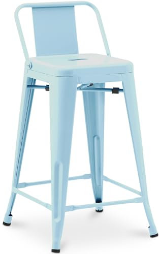 Iconik Interior Tolix Style Tabouret de Bar avec Dossier - Design Industriel - 60cm - Nouvelle édition - Stylix Bleu Clair