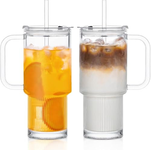 INSETLAN 760ml Glass Tumbler with Handle & Lid, 2-Pack Large Iced Coffee Cups with Straws, Modern Glass Mug for Cold & Hot Beverages, Aesthetic Travel Cup for Smoothies, Tea, and Juice